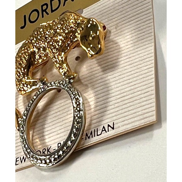Jordache Brooch Pin Vintage Gold Tone Jaguar on Silver Tone Ring NOS on Pin Card - Picture 4 of 8